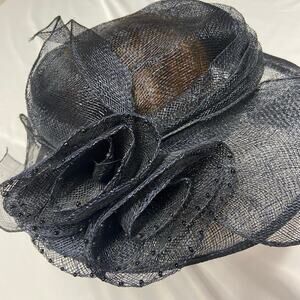 Vintage Straw Hat Ladies Church Funeral Dress Sun Derby English Look Dark Blue